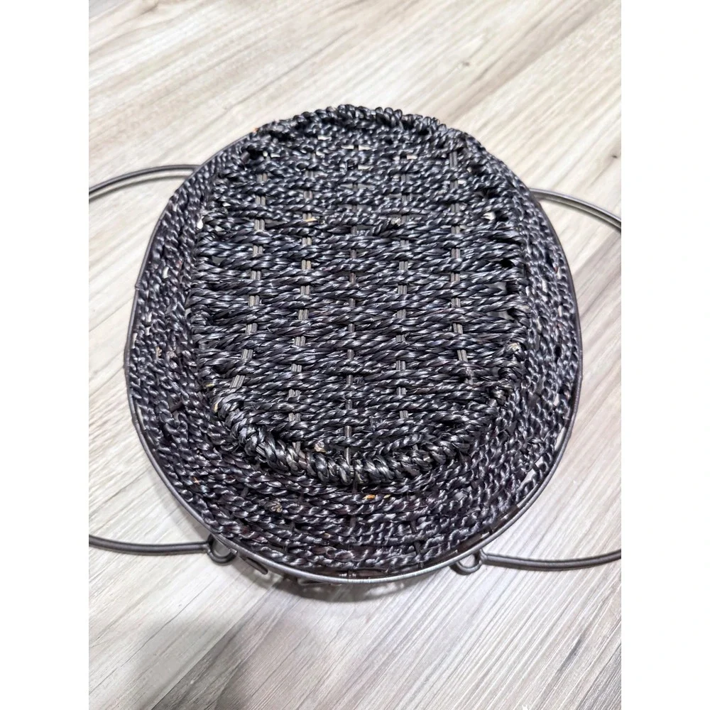 Dark Brown Oval Woven Basket Metal Frame Scrollwork Handles Farmhouse Decor